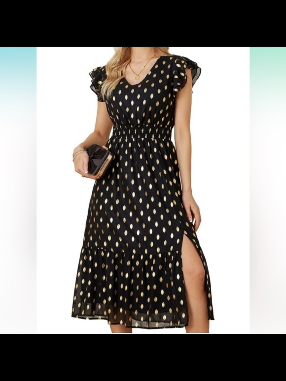 Grace Karin Black Midi Dress with Gold Polka Dots and Ruffle Sleeves